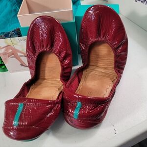 Tieks Ruby Red Ballet Flats with Teal Accents, Size 9